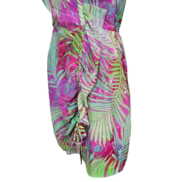 Nanette Lepore Palm Paradise Printed Silk Sleeveless Ruched V-Neck Dress Size 2 - Picture 11 of 16